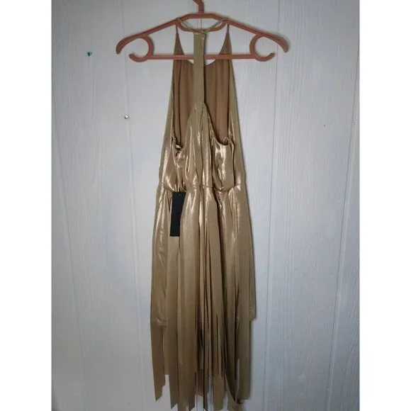 Halston Heritage Halter Dress Womens XS Gold Metallic Fringe Strips Cocktail NWT - Picture 7 of 12